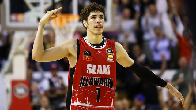 WOLLONGONG, AUSTRALIA - NOVEMBER 25: Lamelo Ball of the Hawks celebrates hitting a three point shot late in the final quarter during the round 8 NBL match between the Illawarra Hawks and the Cairns Taipans at WIN Entertainment Centre on November 25, 2019 in Wollongong, Australia.