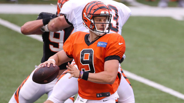 CINCINNATI, OH - AUGUST 30: Cincinnati Bengals quarterback Joe Burrow (9) passes the ball during the Bengals Training Camp on August 30, 2020, at Paul Brown Stadium in Cincinnati, OH.