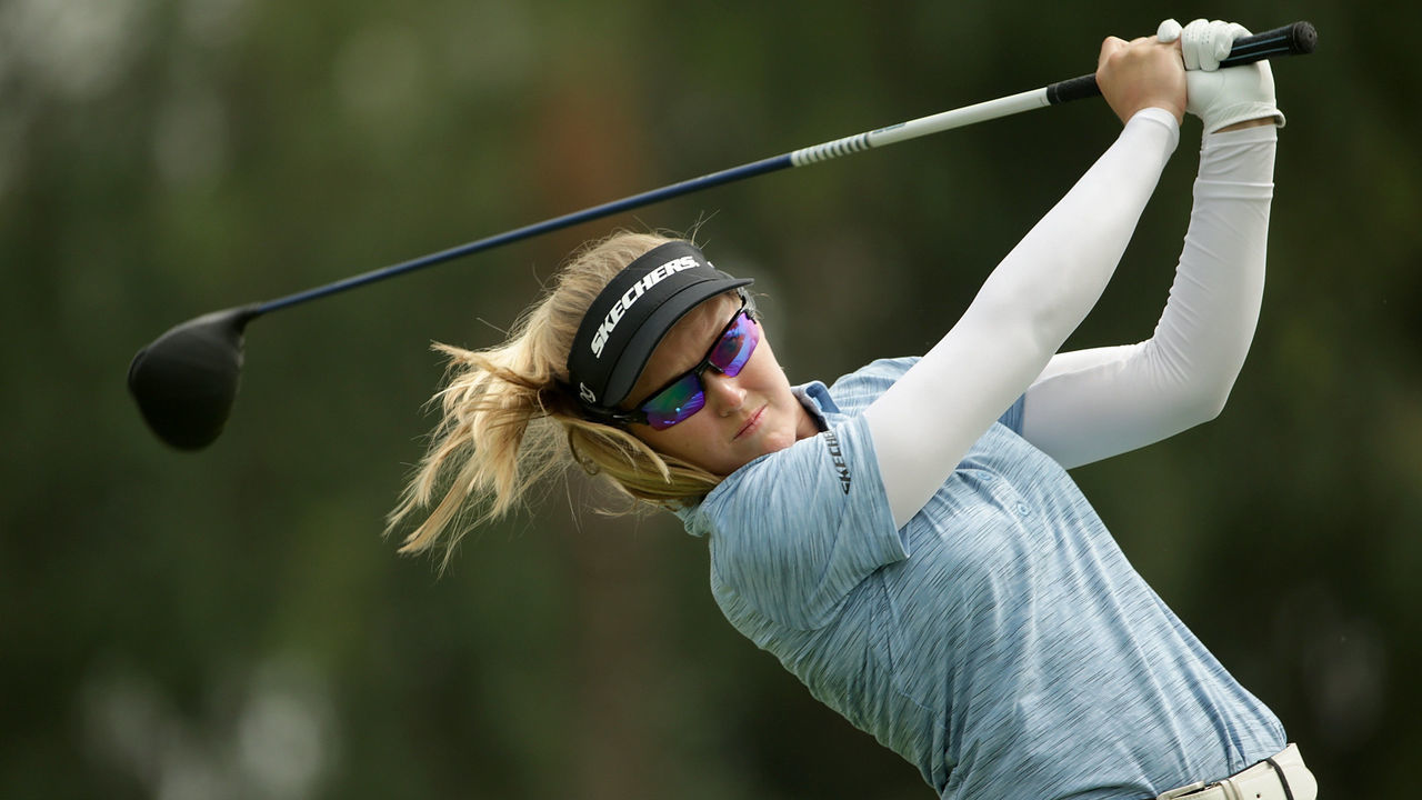 RANCHO MIRAGE, CALIFORNIA - SEPTEMBER 12: Brooke Henderson of Canada plays a tee shot on the 16th hole during the third round of the ANA Inspiration at the Dinah Shore course at Mission Hills Country Club on September 12, 2020 in Rancho Mirage, California.