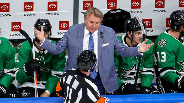 EDMONTON, ALBERTA - AUGUST 30: Head coach Rick Bowness of the Dallas Stars argues with referee Kelly Sutherland #11 during the second period in Game Four of the Western Conference Second Round against the Colorado Avalanche during the 2020 NHL Stanley Cup Playoffs at Rogers Place on August 30, 2020 in Edmonton, Alberta, Canada.
