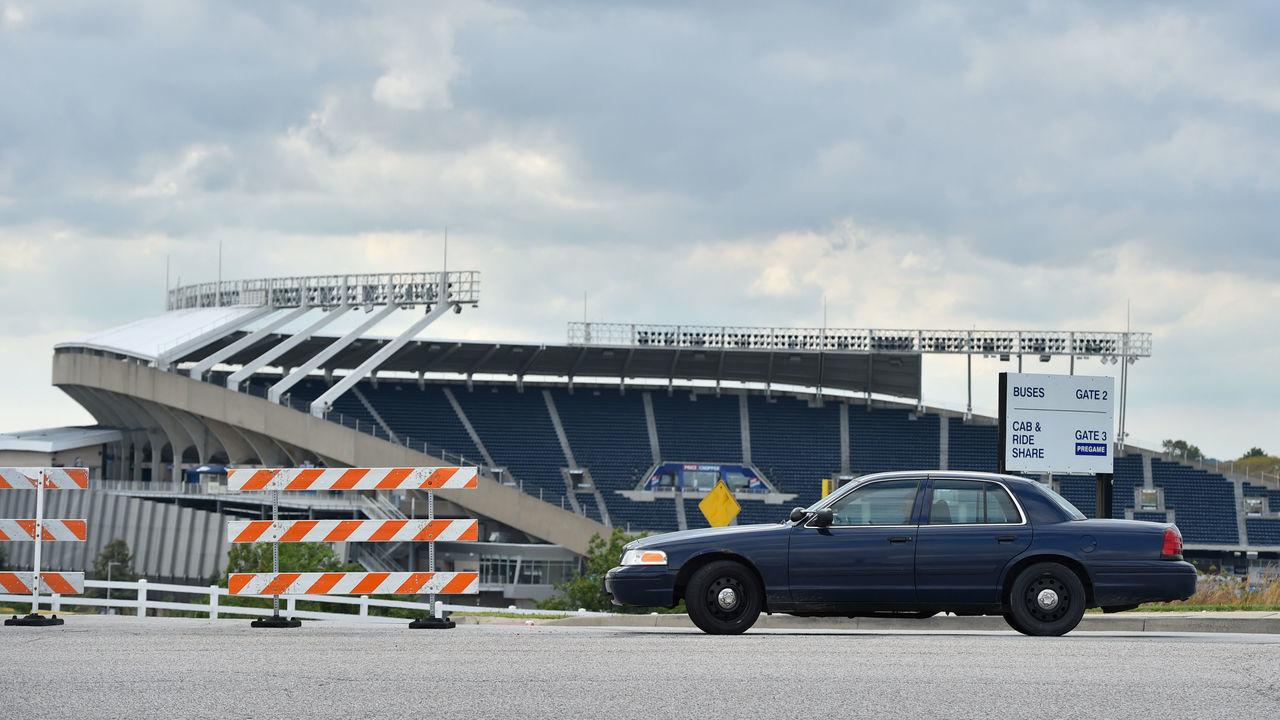 KANSAS CITY, MISSOURI - SEPTEMBER 12: A Kansas City Missouri Police car blocks the entrance of Truman Sports Complex as police are involved in a standoff with gunman at the complex on September 12, 2020 in Kansas City, Missouri. The Pittsburgh Pirates and Kansas City Royals are scheduled to play at Kauffman Stadium which is located within the sporting complex.