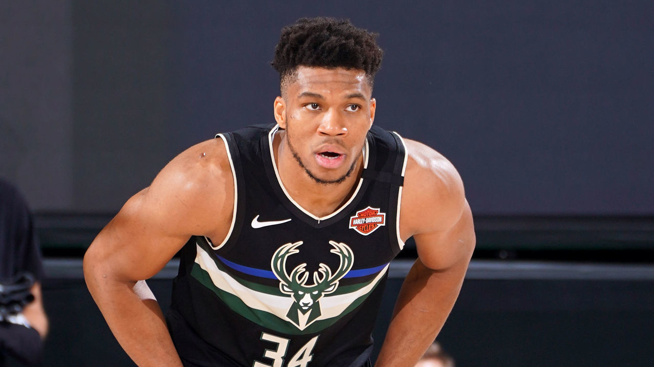 ORLANDO, FL - SEPTEMBER 2: Giannis Antetokounmpo #34 of the Milwaukee Bucks looks on during a game against the Miami Heat during Game Two of the Eastern Conference Semifinals of the NBA Playoffs on September 2, 2020 at the The Field House at ESPN Wide World Of Sports Complex in Orlando, Florida. NOTE TO USER: User expressly acknowledges and agrees that, by downloading and/or using this Photograph, user is consenting to the terms and conditions of the Getty Images License Agreement. Mandatory Copyright Notice: Copyright 2020 NBAE