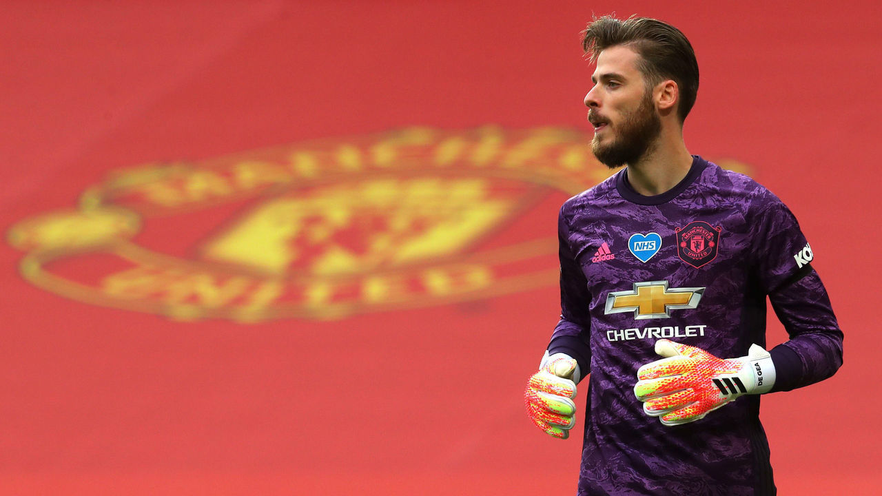 MANCHESTER, ENGLAND - JULY 22: David De Gea of Manchester United looks on during the Premier League match between Manchester United and West Ham United at Old Trafford on July 22, 2020 in Manchester, England. Football Stadiums around Europe remain empty due to the Coronavirus Pandemic as Government social distancing laws prohibit fans inside venues resulting in all fixtures being played behind closed doors.