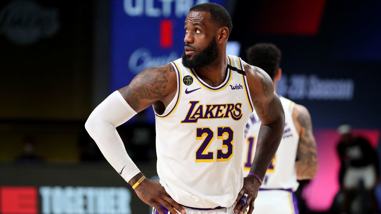 ORLANDO, FL - SEPTEMBER 12: LeBron James #23 of the Los Angeles Lakers looks on during the game against the Houston Rockets during Game Five of the Western Conference SemiFinals of the NBA Playoffs on September 12, 2020 at AdventHealth Arena in Orlando, Florida. NOTE TO USER: User expressly acknowledges and agrees that, by downloading and/or using this Photograph, user is consenting to the terms and conditions of the Getty Images License Agreement. Mandatory Copyright Notice: Copyright 2020 NBAE