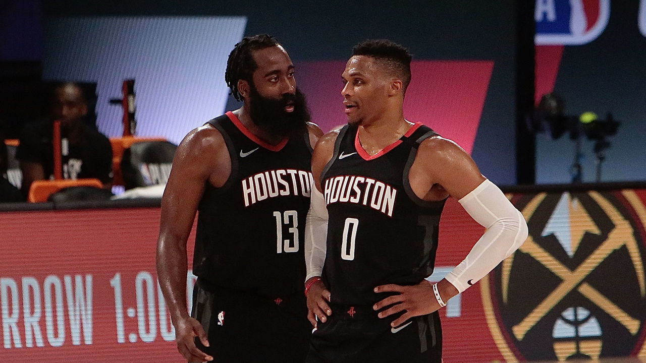 ORLANDO, FL - SEPTEMBER 12: James Harden #13 and Russell Westbrook #0 of the Houston Rockets during the game against the Los Angeles Lakers in Game five of the second round of the 2020 Playoffs as part of the NBA Restart 2020 on September 12, 2020 at AdventHealth Arena at ESPN Wide World of Sports Complex in Orlando, Florida. NOTE TO USER: User expressly acknowledges and agrees that, by downloading and/or using this photograph, user is consenting to the terms and conditions of the Getty Images License Agreement. Mandatory Copyright Notice: Copyright 2020 NBAE
