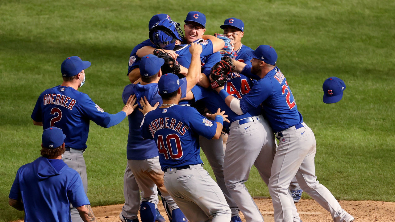 MILWAUKEE, WISCONSIN - SEPTEMBER 13: Alec Mills #30 of the Chicago Cubs celebrates with teammates after throwing a no-hitter to beat the Milwaukee Brewers 12-0 at Miller Park on September 13, 2020 in Milwaukee, Wisconsin.