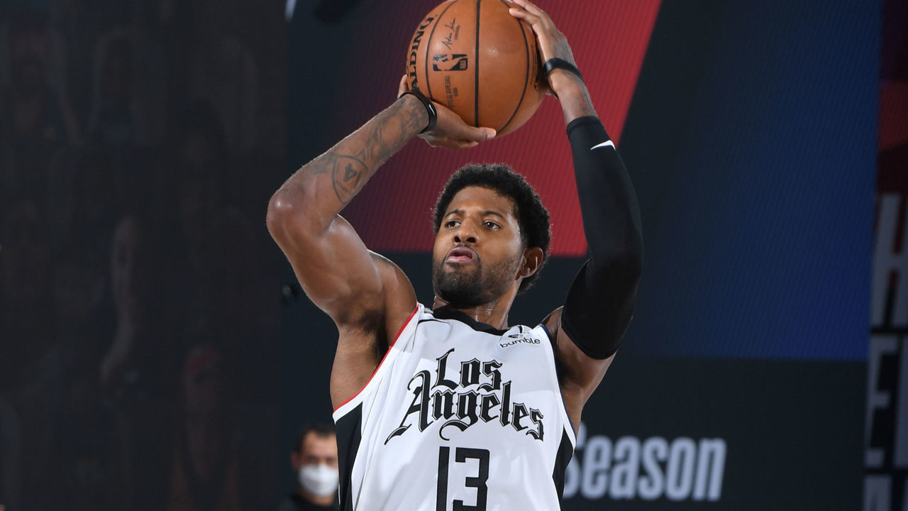 Orlando, FL - SEPTEMBER 13: Paul George #13 of the LA Clippers shoots the ball against the Denver Nuggets during Game Six of the Western Conference Semifinals on September 13, 2020 in Orlando, Florida at AdventHealth Arena. NOTE TO USER: User expressly acknowledges and agrees that, by downloading and/or using this Photograph, user is consenting to the terms and conditions of the Getty Images License Agreement. Mandatory Copyright Notice: Copyright 2020 NBAE