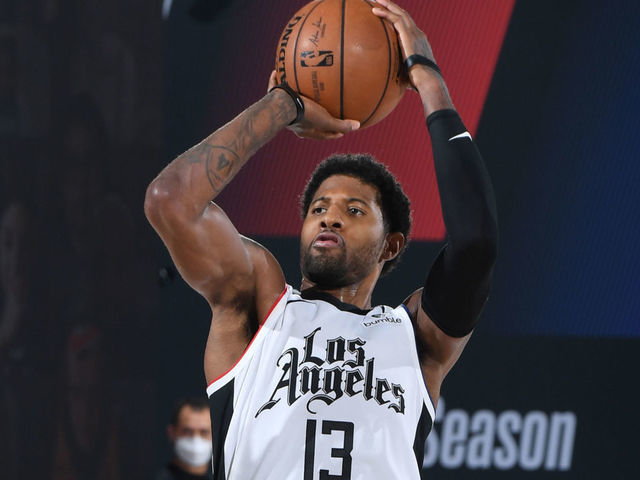 Orlando, FL - SEPTEMBER 13: Paul George #13 of the LA Clippers shoots the ball against the Denver Nuggets during Game Six of the Western Conference Semifinals on September 13, 2020 in Orlando, Florida at AdventHealth Arena. NOTE TO USER: User expressly acknowledges and agrees that, by downloading and/or using this Photograph, user is consenting to the terms and conditions of the Getty Images License Agreement. Mandatory Copyright Notice: Copyright 2020 NBAE