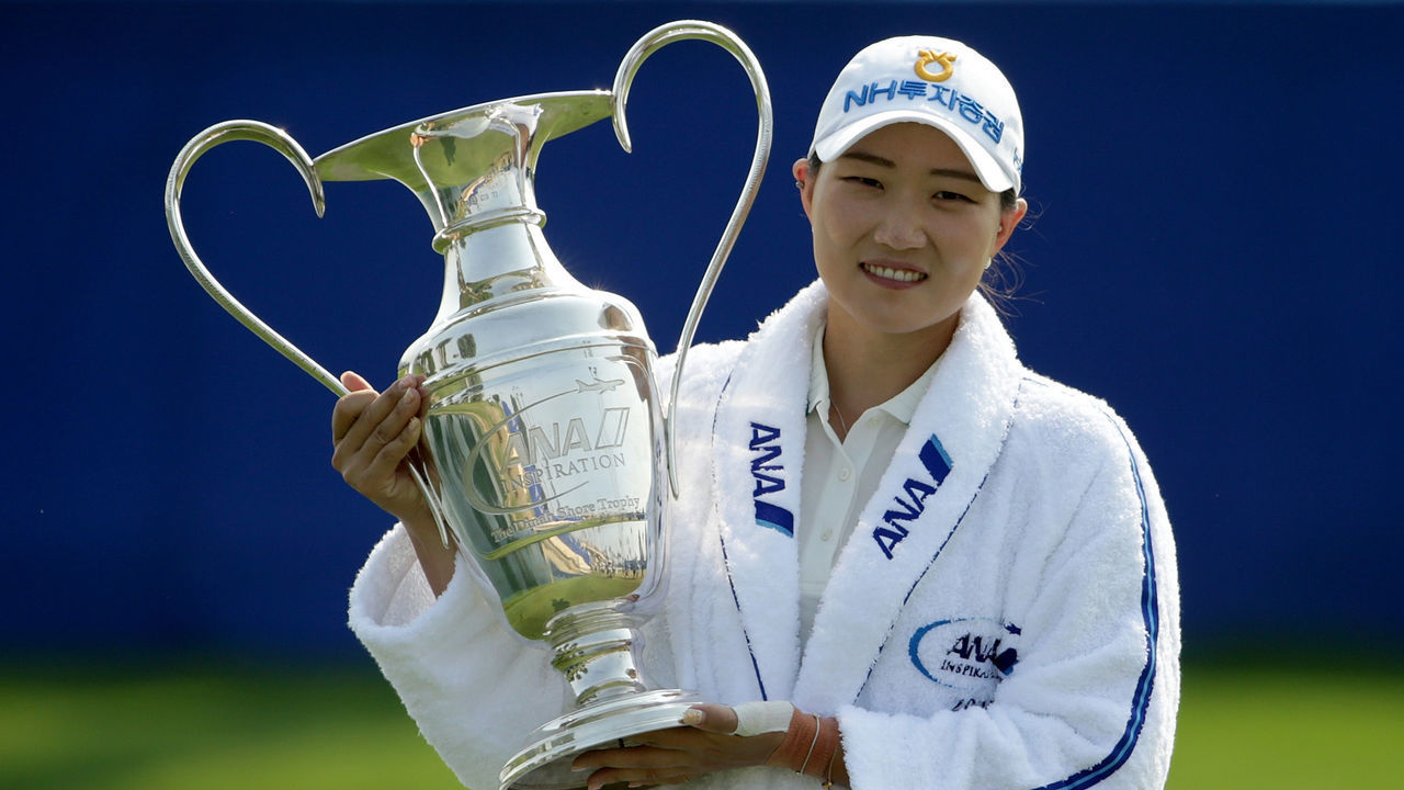 RANCHO MIRAGE, CALIFORNIA - SEPTEMBER 13: Mirim Lee of South Korea poses with the trophy after defeating Nelly Korda and Brooke Henderson in a playoff to win the ANA Inspiration at the Dinah Shore course at Mission Hills Country Club on September 13, 2020 in Rancho Mirage, California.