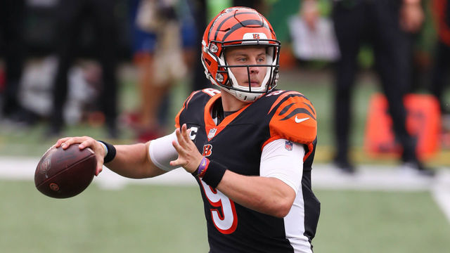 CINCINNATI, OH - SEPTEMBER 13: Cincinnati Bengals quarterback Joe Burrow (9) looks to pass during the game against the Los Angeles Chargers and the Cincinnati Bengals on September 13, 2020, at Paul Brown Stadium in Cincinnati, OH.