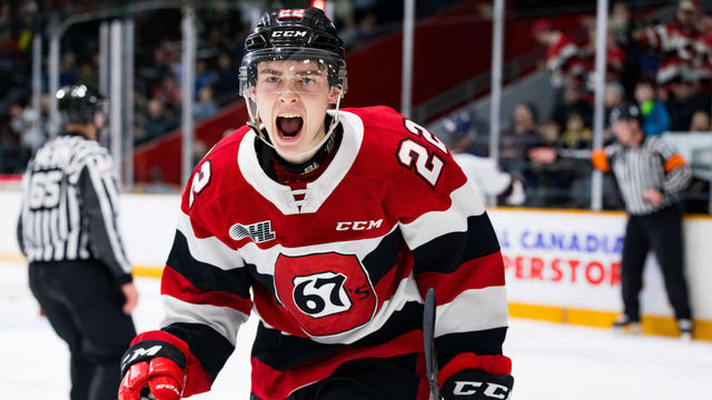OTTAWA, ON - JANUARY 26: Ottawa 67's Right Wing Jack Quinn (22) celebrates his goal during Ontario Hockey League action between the Saginaw Spirit and Ottawa 67's on January 26, 2020, at TD Place Arena in Ottawa, ON, Canada.