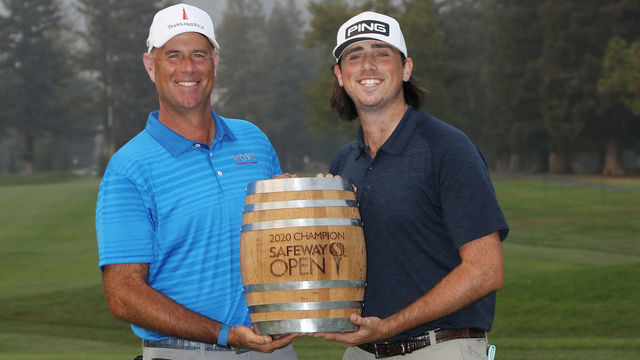 NAPA, CALIFORNIA - SEPTEMBER 13: Stewart Cink celebrates with the trophy and his son reagan after winning the Safeway Open at Silverado Resort on September 13, 2020 in Napa, California.