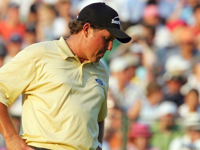 MAMARONECK, NY - JUNE 18: Phil Mickelson reacts after missing his putt for a chance at a playoff on the 18th green during the final round of the 2006 US Open Championship at Winged Foot Golf Club on June 18, 2006 in Mamaroneck, New York. Geoff Ogilvy won the US Open with a one stroke victory.