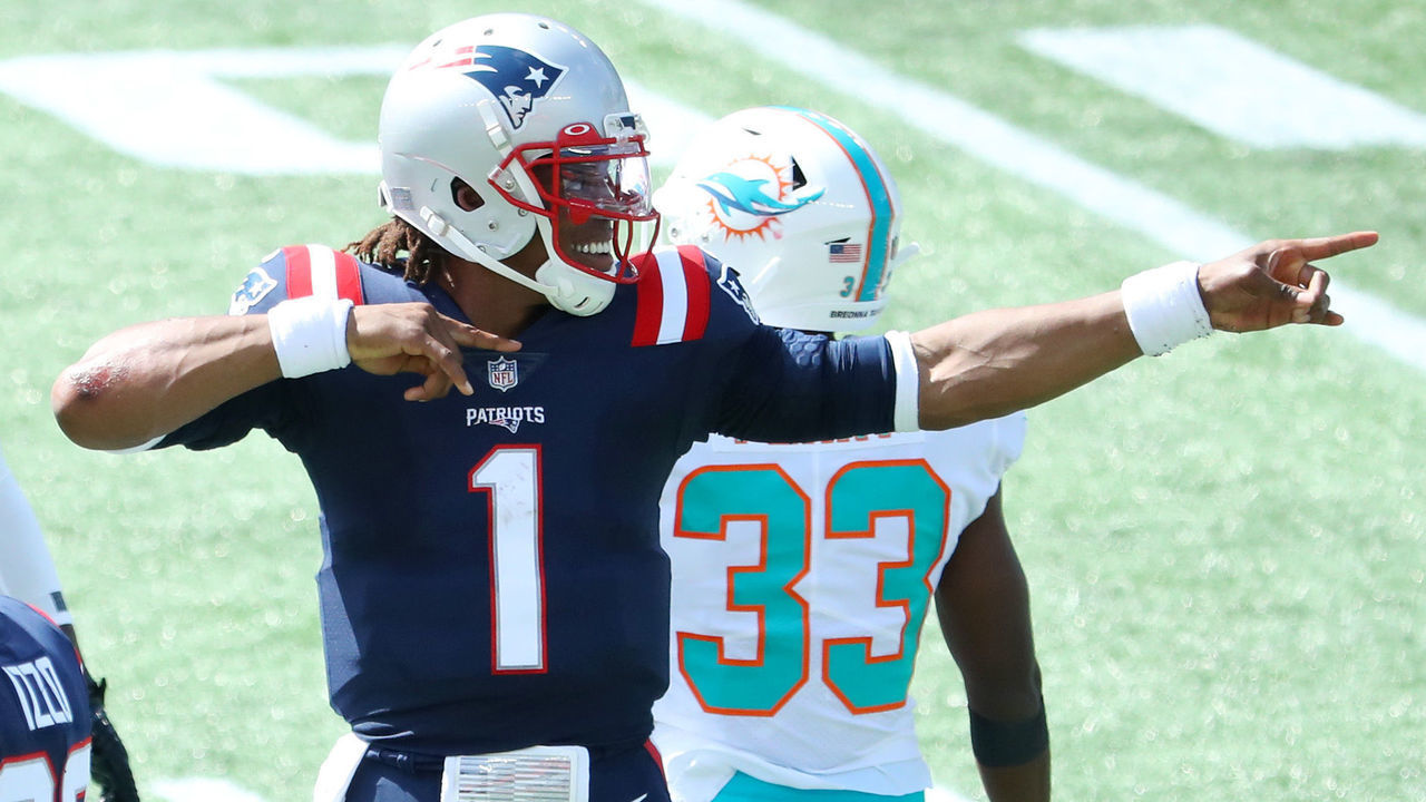 FOXBOROUGH, MASSACHUSETTS - SEPTEMBER 13: Cam Newton #1 of the New England Patriots reacts during the first half against the Miami Dolphins at Gillette Stadium on September 13, 2020 in Foxborough, Massachusetts.