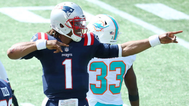 FOXBOROUGH, MASSACHUSETTS - SEPTEMBER 13: Cam Newton #1 of the New England Patriots reacts during the first half against the Miami Dolphins at Gillette Stadium on September 13, 2020 in Foxborough, Massachusetts.