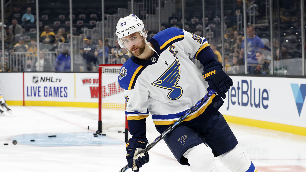 BOSTON, MA - OCTOBER 26: St. Louis Blues defenseman Alex Pietrangelo (27) skates in warm up before a game between the Boston Bruins and the St. Louis Blues on October 26, 2019, at TD Garden in Boston, Massachusetts.