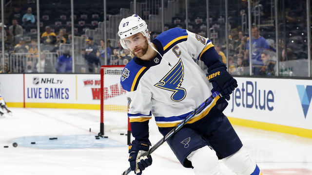 BOSTON, MA - OCTOBER 26: St. Louis Blues defenseman Alex Pietrangelo (27) skates in warm up before a game between the Boston Bruins and the St. Louis Blues on October 26, 2019, at TD Garden in Boston, Massachusetts.