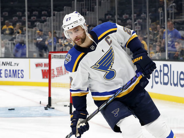 BOSTON, MA - OCTOBER 26: St. Louis Blues defenseman Alex Pietrangelo (27) skates in warm up before a game between the Boston Bruins and the St. Louis Blues on October 26, 2019, at TD Garden in Boston, Massachusetts.