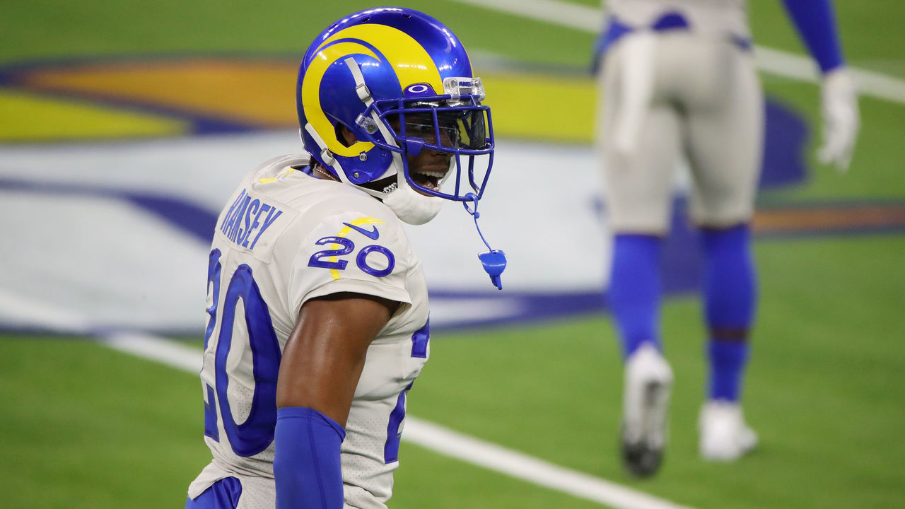 INGLEWOOD, CALIFORNIA - SEPTEMBER 13: Jalen Ramsey #20 of the Los Angeles Rams reacts during the second half against the Dallas Cowboys at SoFi Stadium on September 13, 2020 in Inglewood, California.