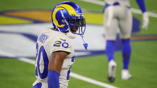 INGLEWOOD, CALIFORNIA - SEPTEMBER 13: Jalen Ramsey #20 of the Los Angeles Rams reacts during the second half against the Dallas Cowboys at SoFi Stadium on September 13, 2020 in Inglewood, California.