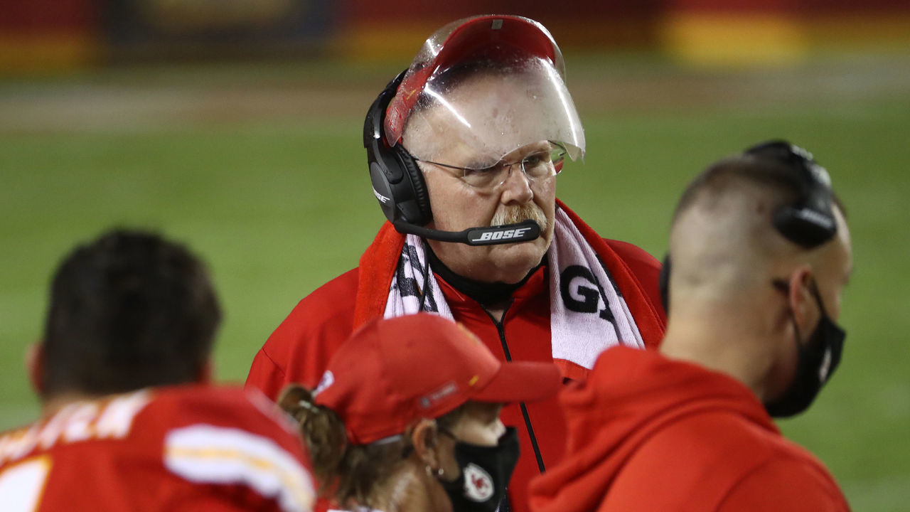 KANSAS CITY, MISSOURI - SEPTEMBER 10: Head coach Andy Reid of the Kansas City Chiefs looks on during the fourth quarter against the Houston Texans at Arrowhead Stadium on September 10, 2020 in Kansas City, Missouri.