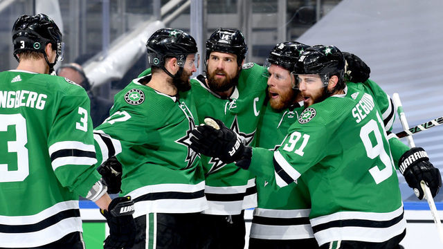 EDMONTON, ALBERTA - SEPTEMBER 12: Jamie Benn #14 of the Dallas Stars celebrates with Joe Pavelski #16, Alexander Radulov #47, Tyler Seguin #91 and John Klingberg #3 after Benn scored in the second period of Game Four of the Western Conference Final of the 2020 NHL Stanley Cup Playoffs between the Vegas Golden Knights and the Dallas Stars at Rogers Place on September 12, 2020 in Edmonton, Alberta.