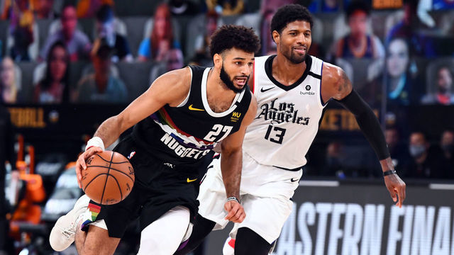 ORLANDO, FL - SEPTEMBER 13: Jamal Murray #27 of the Denver Nuggets handles the ball during the game against the LA Clippers during Game Six of the Western Conference Semifinals of the NBA Playoffs on September 13, 2020 at The AdventHealth Arena at ESPN Wide World Of Sports Complex in Orlando, Florida. NOTE TO USER: User expressly acknowledges and agrees that, by downloading and/or using this Photograph, user is consenting to the terms and conditions of the Getty Images License Agreement. Mandatory Copyright Notice: Copyright 2020 NBAE