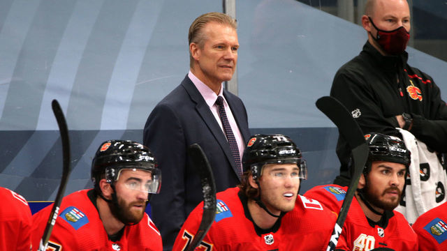 EDMONTON, ALBERTA - JULY 28: Head coach Geoff Ward of the Calgary Flames looks on during the second period of the exhibition game against the Edmonton Oilers prior to the 2020 NHL Stanley Cup Playoffs at Rogers Place on July 28, 2020 in Edmonton, Alberta.