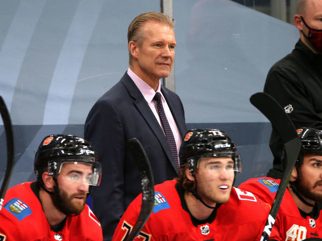 EDMONTON, ALBERTA - JULY 28: Head coach Geoff Ward of the Calgary Flames looks on during the second period of the exhibition game against the Edmonton Oilers prior to the 2020 NHL Stanley Cup Playoffs at Rogers Place on July 28, 2020 in Edmonton, Alberta.