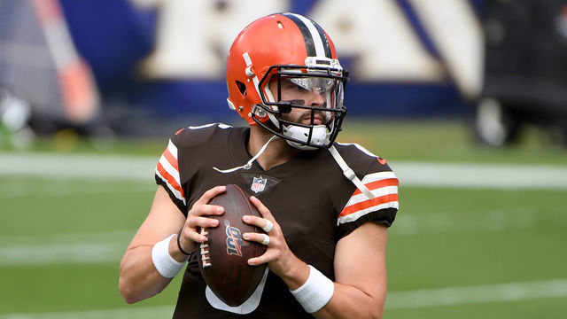BALTIMORE, MARYLAND - SEPTEMBER 13: Baker Mayfield #6 of the Cleveland Browns warms up prior to playing against the Baltimore Ravens at M&T Bank Stadium on September 13, 2020 in Baltimore, Maryland.