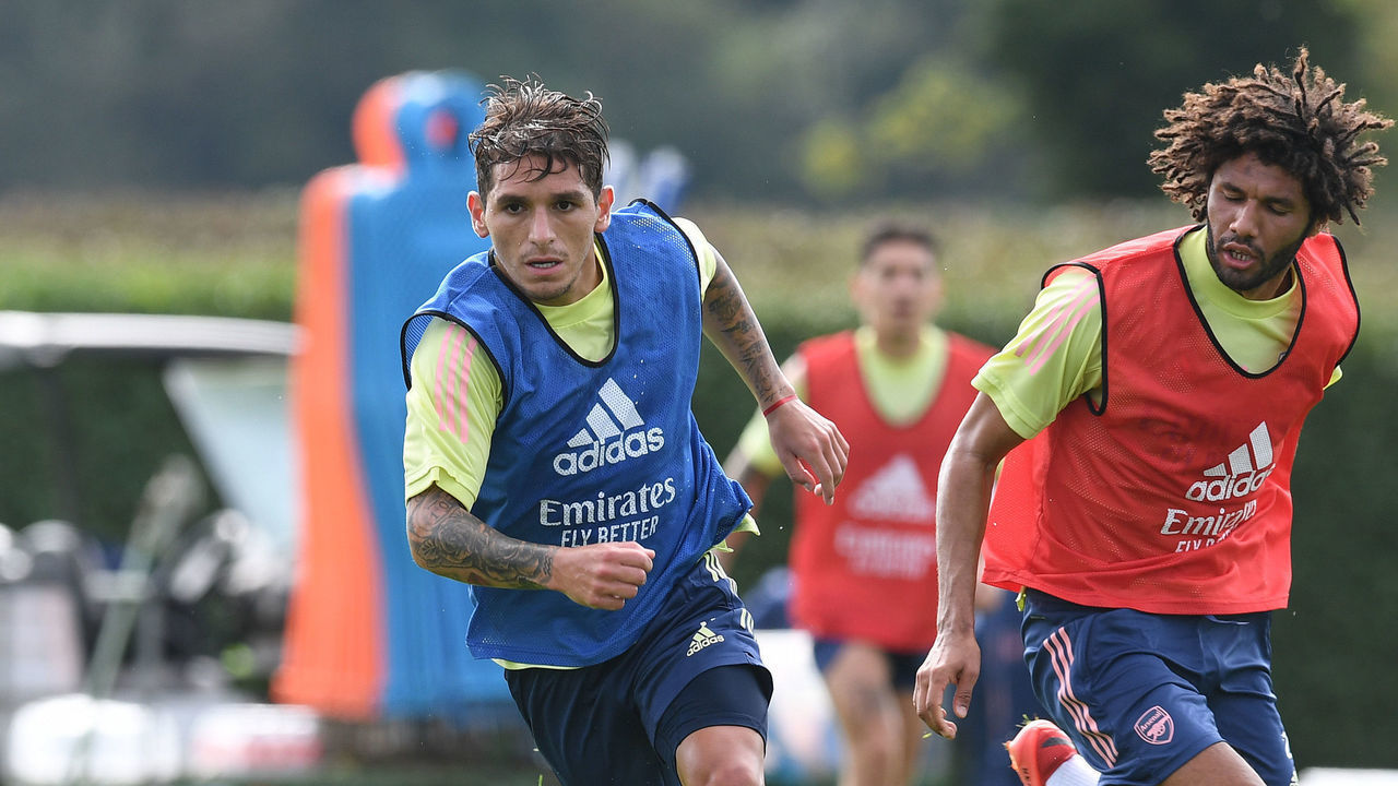 ST ALBANS, ENGLAND - SEPTEMBER 08: (L-R) Lucas Torreira and Mo Elneny of Arsenal during a training session at London Colney on September 08, 2020 in St Albans, England.
