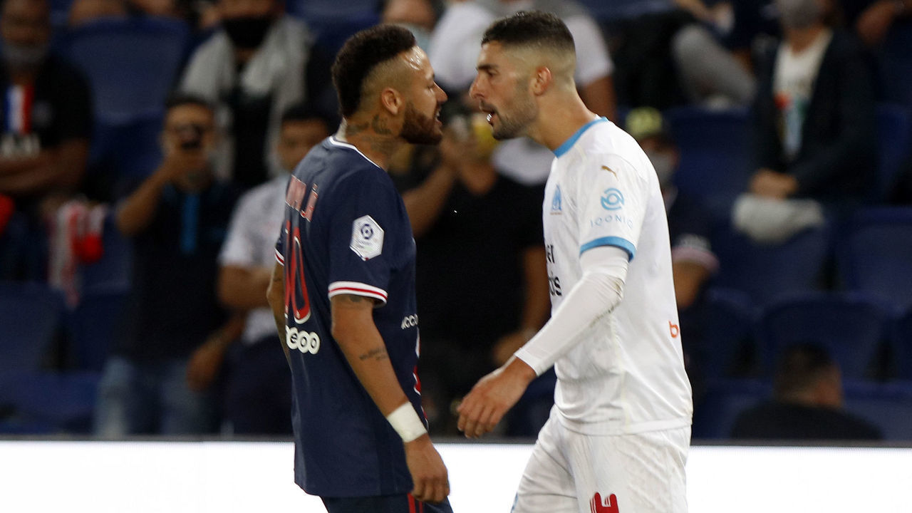 Paris Saint-Germain's Brazilian forward Neymar and Marseille's Alvaro Gonzales during the French L1 football match between Paris Saint-Germain (PSG) and Marseille (OM) at the Parc de Princes stadium in Paris on September 13, 2020.