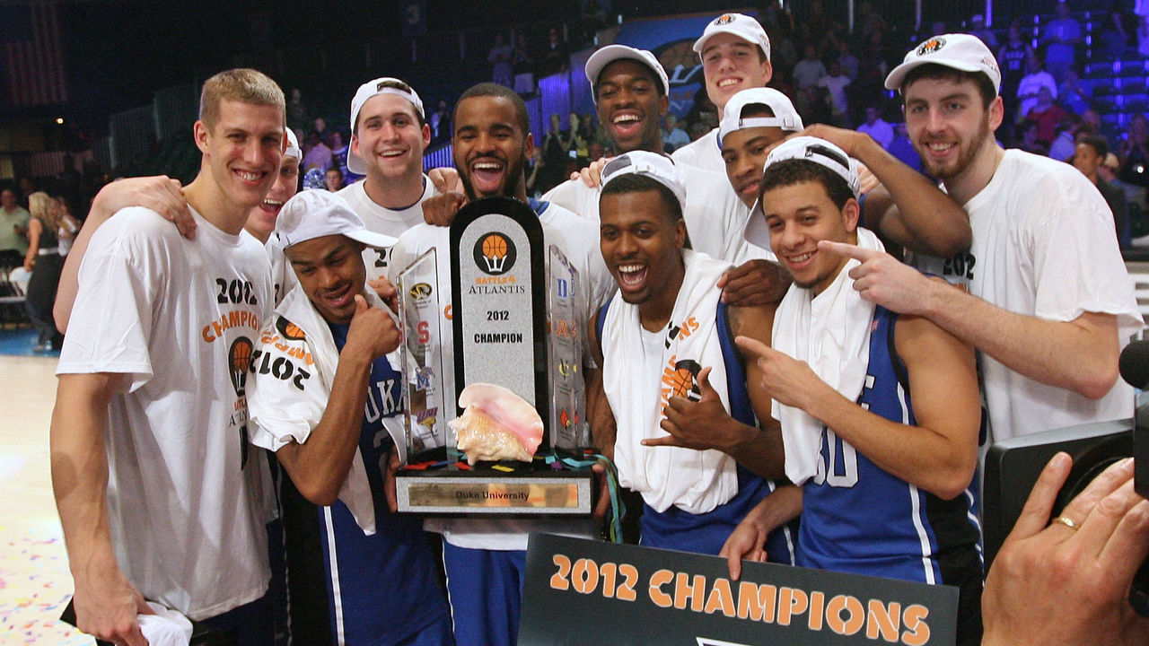 NASSAU, BAHAMAS - NOVEMBER 24: The Duke Blue Devils celebrate winning the Battle 4 Atlantis tournament at Atlantis Resort November 24, 2012 in Nassau, Paradise Island, Bahamas.