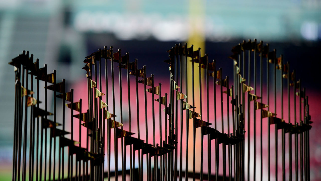 BOSTON, MA - APRIL 09: Commissioner's Trophies are seen prior to the game between the Toronto Blue Jays and the Boston Red Sox at Fenway Park on Tuesday, April 9, 2019 in Boston, Massachusetts.