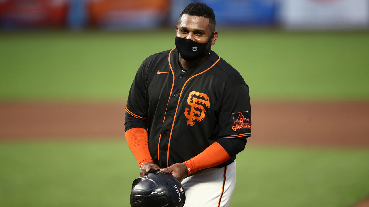 SAN FRANCISCO, CALIFORNIA - JULY 21: Pablo Sandoval #48 of the San Francisco Giants stands on first base during a pitching change in the fourth inning of their exhibition game against the Oakland Athletics at Oracle Park on July 21, 2020 in San Francisco, California.