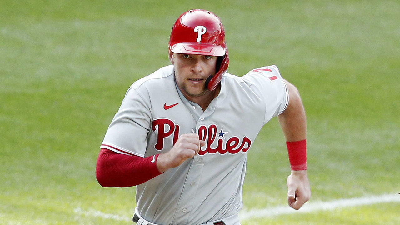 NEW YORK, NEW YORK - SEPTEMBER 07: Rhys Hoskins #17 of the Philadelphia Phillies in action against the New York Mets at Citi Field on September 07, 2020 in New York City. The Phillies defeated the Mets 9-8 in ten innings.