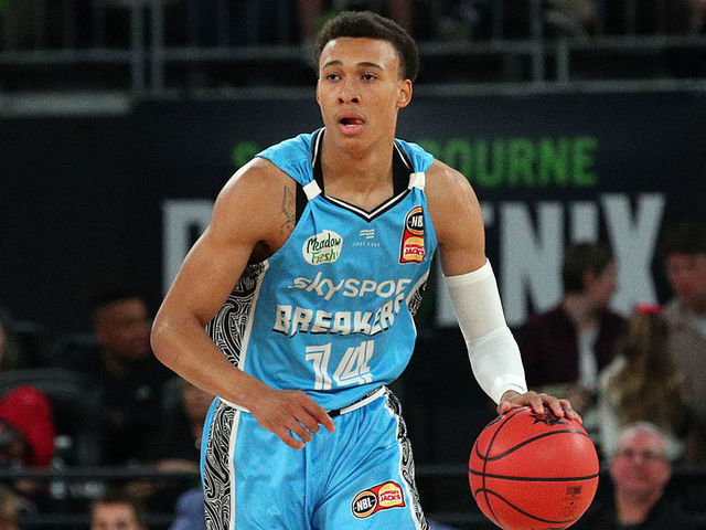 MELBOURNE, AUSTRALIA - NOVEMBER 09: RJ Hampton of the Breakers (R) in action during the round six NBL match between the South East Melbourne Phoenix and the New Zealand Breakers at Melbourne Arena on November 09, 2019 in Melbourne, Australia.