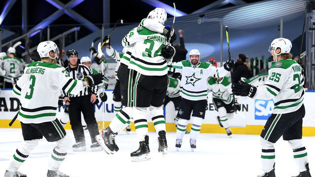 EDMONTON, ALBERTA - SEPTEMBER 14: Denis Gurianov #34 of the Dallas Stars celebrates with a teammate after Gurianov scored in the first overtime period of Game Five of the Western Conference Final of the 2020 NHL Stanley Cup Playoffs between the Dallas Stars and the Vegas Golden Knights at Rogers Place on September 14, 2020 in Edmonton, Alberta. The Stars defeated the Knights 3-2 in overtime to win the best of seven game series 4-1.