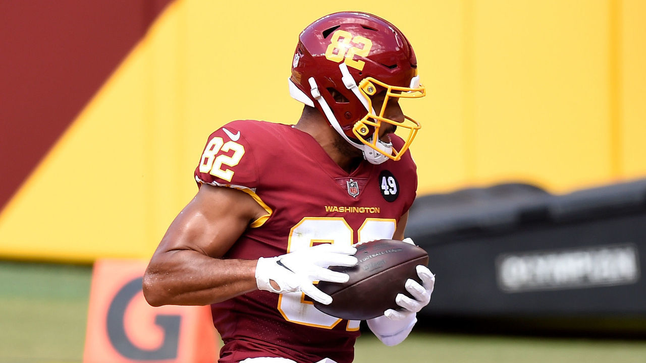 LANDOVER, MD - SEPTEMBER 13: Logan Thomas #82 of the Washington Football Team catches a pass for a touchdown in the second quarter against the Philadelphia Eagles at FedExField on September 13, 2020 in Landover, Maryland.