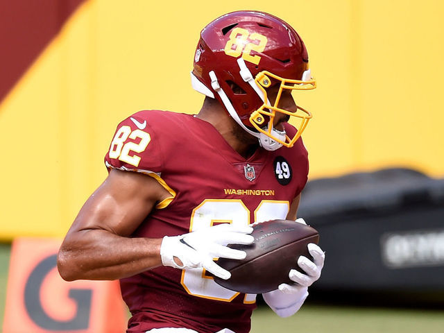 LANDOVER, MD - SEPTEMBER 13: Logan Thomas #82 of the Washington Football Team catches a pass for a touchdown in the second quarter against the Philadelphia Eagles at FedExField on September 13, 2020 in Landover, Maryland.