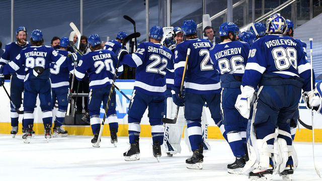 EDMONTON, ALBERTA - SEPTEMBER 09: Tampa Bay Lightning players congratulate one another on their way off the ice after their 2-1 win in Game Two of the Eastern Conference Final of the 2020 NHL Stanley Cup Playoffs between the New York Islanders and the Tampa Bay Lightning at Rogers Place on September 09, 2020 in Edmonton, Alberta.