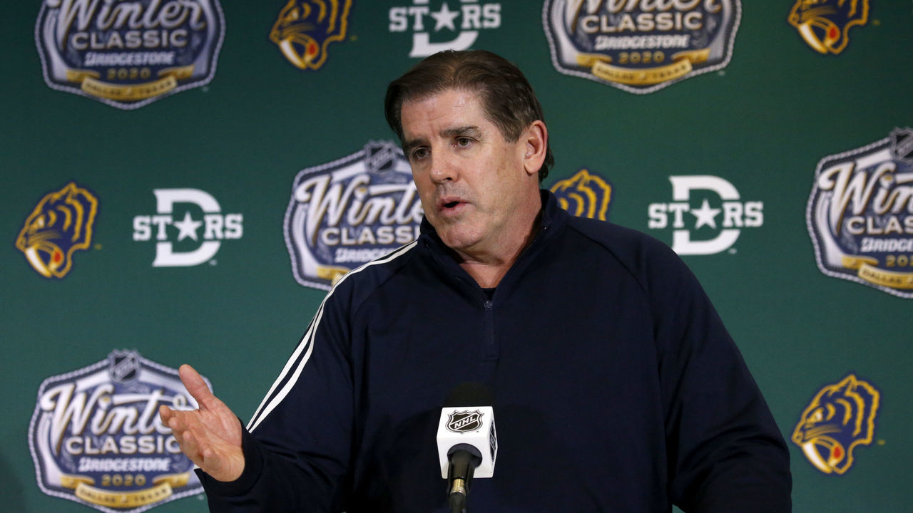 DALLAS, TEXAS - DECEMBER 31: Head coach Peter Laviolette speaks to the media after practice ahead of the 2020 Bridgestone NHL Winter Classic at Cotton Bowl on December 31, 2019 in Dallas, Texas.