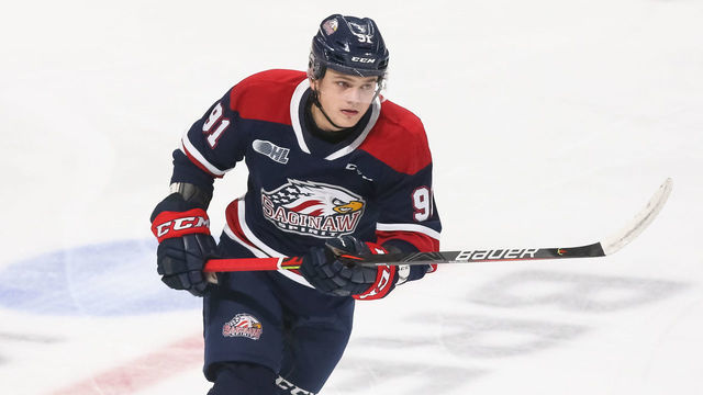 OSHAWA, ON - OCTOBER 06: Cole Perfetti #91 of the Saginaw Spirit skates during an OHL game against the Oshawa Generals at the Tribute Communities Centre on October 6, 2019 in Oshawa, Ontario, Canada.