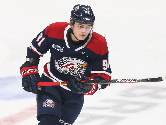 OSHAWA, ON - OCTOBER 06: Cole Perfetti #91 of the Saginaw Spirit skates during an OHL game against the Oshawa Generals at the Tribute Communities Centre on October 6, 2019 in Oshawa, Ontario, Canada.