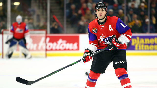 HAMILTON, ON - JANUARY 16: Dawson Mercer #19 of Team Red skates during the 2020 CHL/NHL Top Prospects Game against Team White at FirstOntario Centre on January 16, 2020 in Hamilton, Canada.