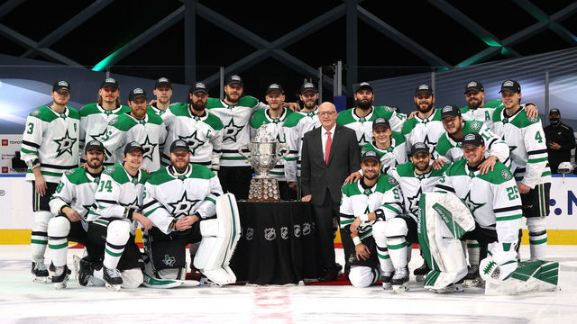 EDMONTON, ALBERTA - SEPTEMBER 14: The Dallas Stars and NHL Deputy Commissioner Bill Daly pose for a group photo with the Clarence S. Campbell Bowl after the Stars 3-2 overtime win in Game Five of the Western Conference Final of the 2020 NHL Stanley Cup Playoffs between the Dallas Stars and the Vegas Golden Knights at Rogers Place on September 14, 2020 in Edmonton, Alberta. The Stars defeated the Golden Knights 3-2 in overtime to win the best of seven game series 4-1.