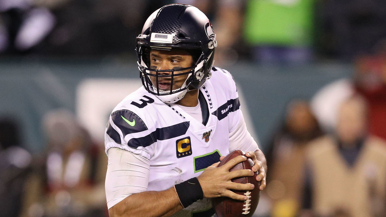 PHILADELPHIA, PENNSYLVANIA - JANUARY 05: Quarterback Russell Wilson #3 of the Seattle Seahawks looks to pass the ball against the Philadelphia Eagles during their NFC Wild Card Playoff game at Lincoln Financial Field on January 05, 2020 in Philadelphia, Pennsylvania.