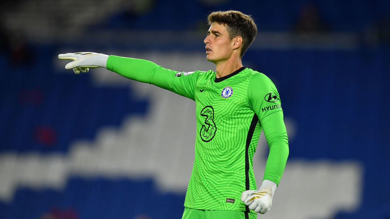 BRIGHTON, ENGLAND - SEPTEMBER 14: Kepa Arrizabalaga of Chelsea reacts during the Premier League match between Brighton & Hove Albion and Chelsea at American Express Community Stadium on September 14, 2020 in Brighton, England. (Photo by Glyn Kirk/Pool via Getty Images