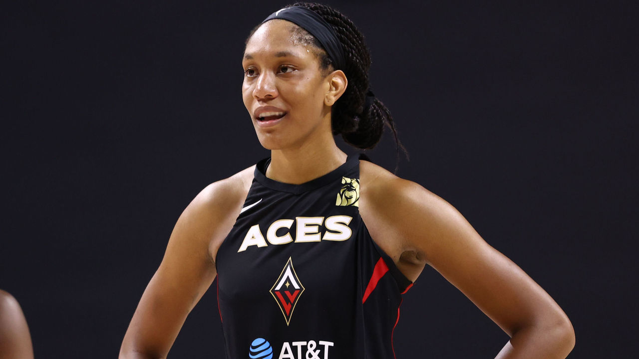 PALMETTO, FL - SEPTEMBER 5: A'ja Wilson #22 of the Las Vegas Aces smiles during the game against the Atlanta Dream on September 5, 2020 at Feld Entertainment Center in Palmetto, Florida. NOTE TO USER: User expressly acknowledges and agrees that, by downloading and/or using this Photograph, user is consenting to the terms and conditions of the Getty Images License Agreement. Mandatory Copyright Notice: Copyright 2020 NBAE
