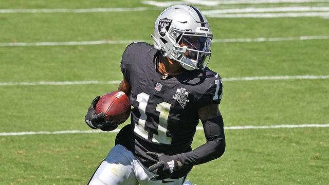 CHARLOTTE, NORTH CAROLINA - SEPTEMBER 13: Henry Ruggs III #11 of the Las Vegas Raiders runs after a catch against the Carolina Panthers during the first quarter at Bank of America Stadium on September 13, 2020 in Charlotte, North Carolina.